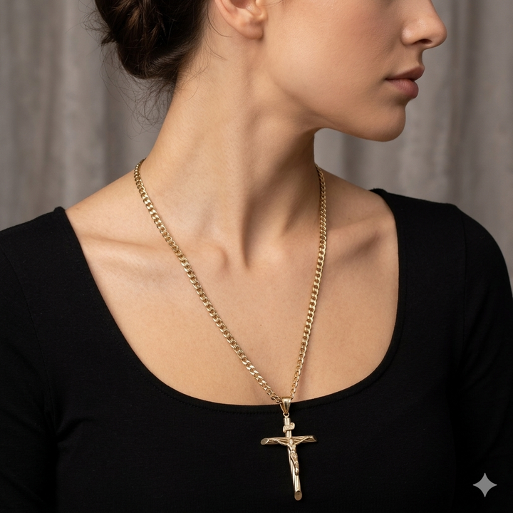 10K Gold Crucifix, Flat Cubin Link Necklace