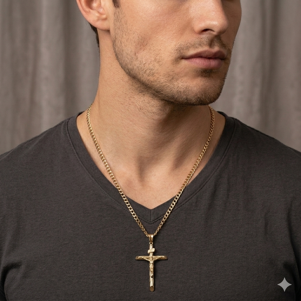 10K Gold Crucifix, Flat Cubin Link Necklace