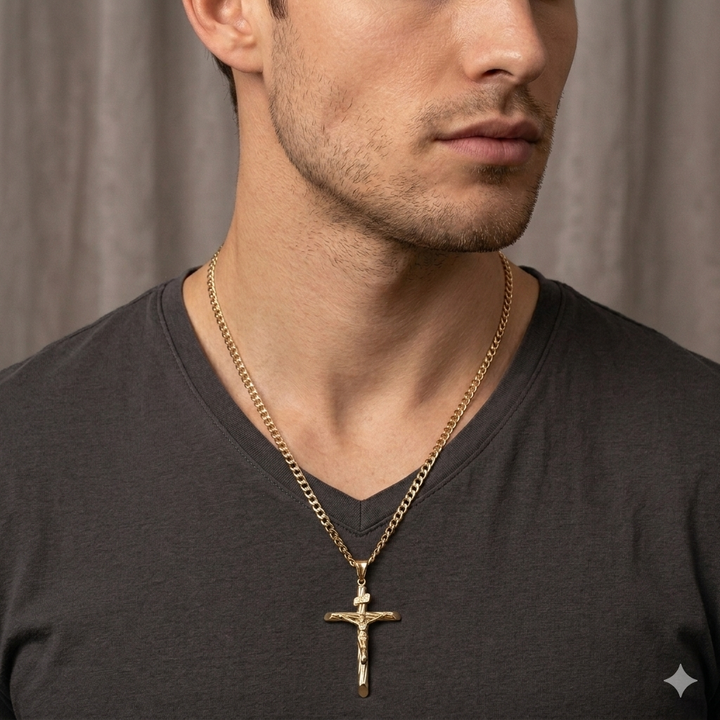 10K Gold Crucifix, Flat Cubin Link Necklace