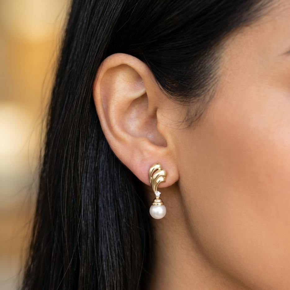 14K Gold, Diamond & Pearl Fluted Wing Dangle Earrings