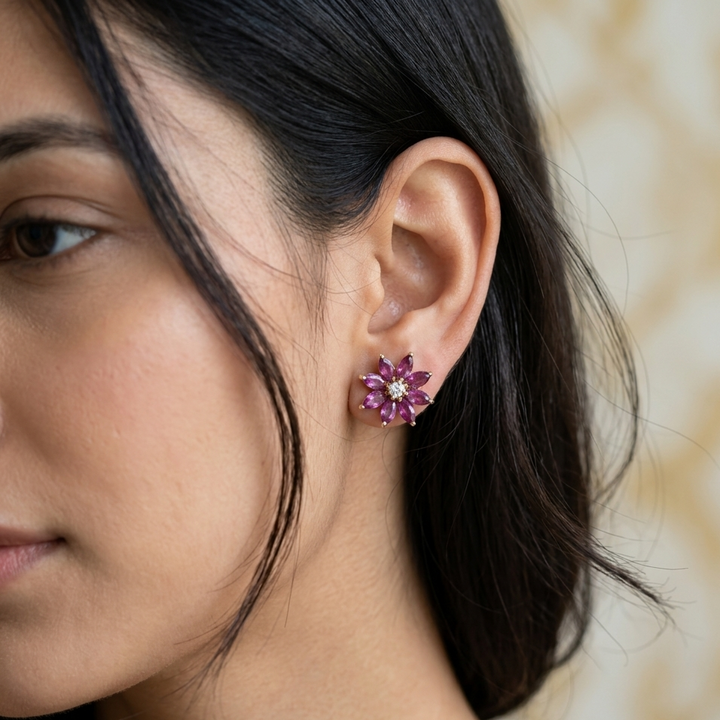 14K Gold, Pink Gemstone & Diamond Floral Stud Earrings
