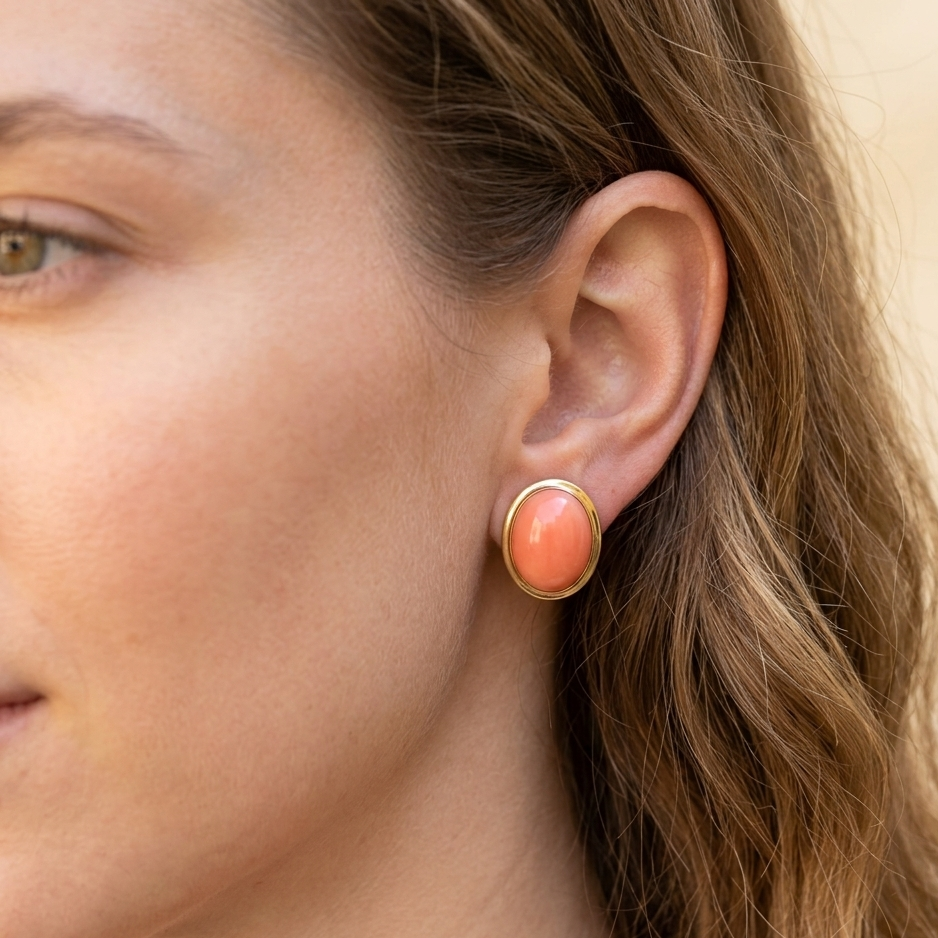 14K Gold & Oval Cabochon Pink Coral Stud Earrings