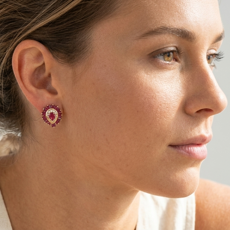 14K Gold, Ruby & Diamond Pear Stud Earrings