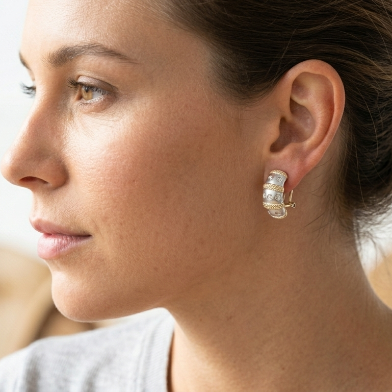 14K White & Yellow Gold & Diamond Huggy Earrings