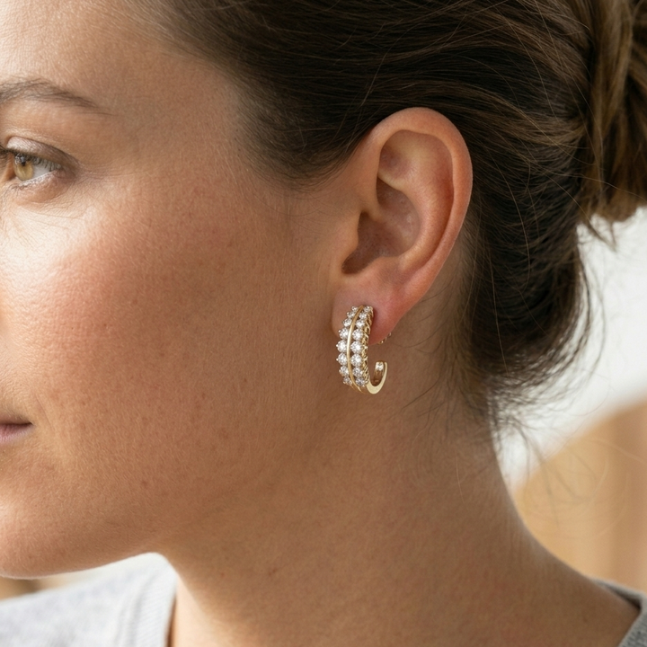 14K Gold & Double Row Diamond J Hook Earrings