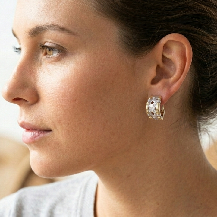 14K Gold & Diamond Geometric Lattice Huggy Stud Earrings