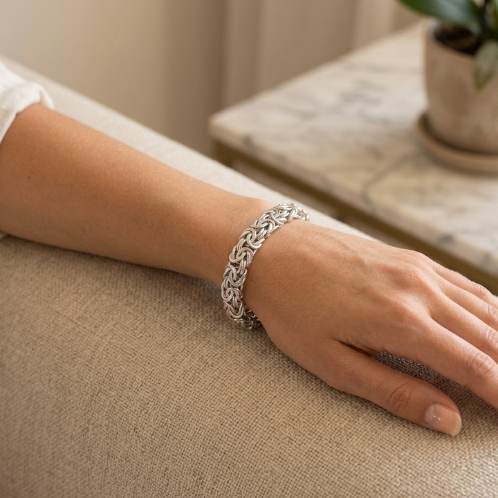 14K White Gold Byzantine Statement Bracelet w Key Charm