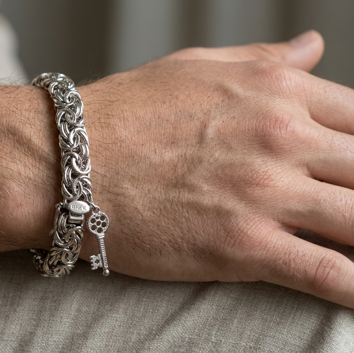 14K White Gold Byzantine Statement Bracelet w Key Charm