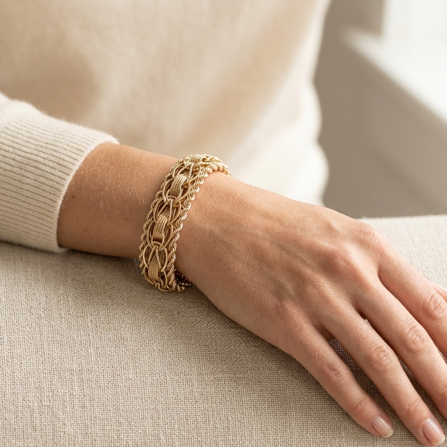 14K Gold Intricate Weave & Twisted Ropes Statement Bracelet