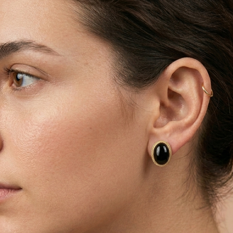 14K Gold & Black Cabochon Oval Stud Earrings