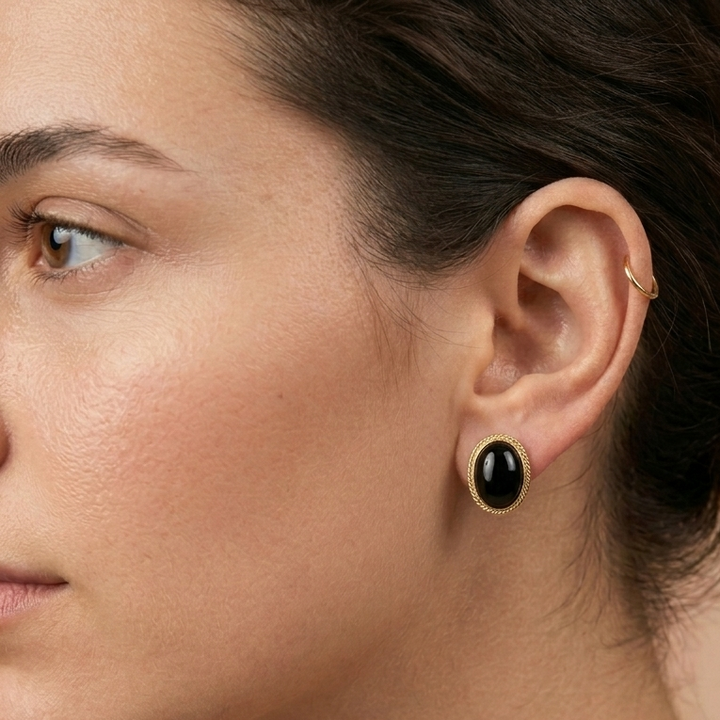 14K Gold & Black Cabochon Oval Stud Earrings
