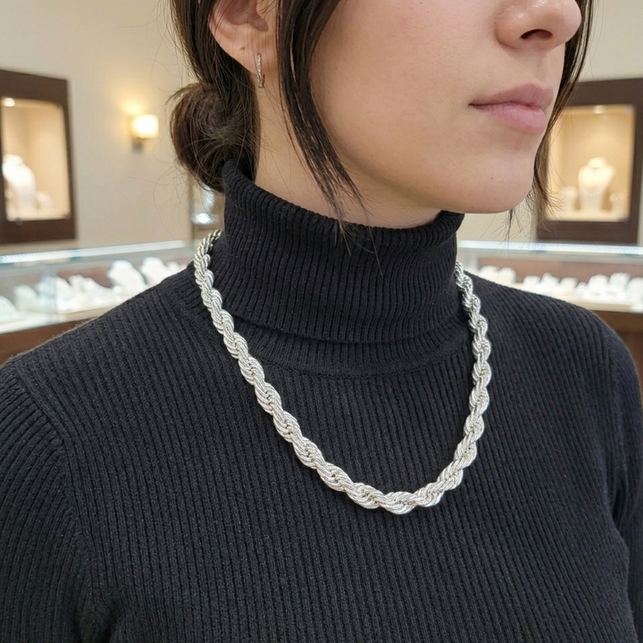 Heavy Shiny Sterling Silver Traditional Rope Link Necklace - Italy