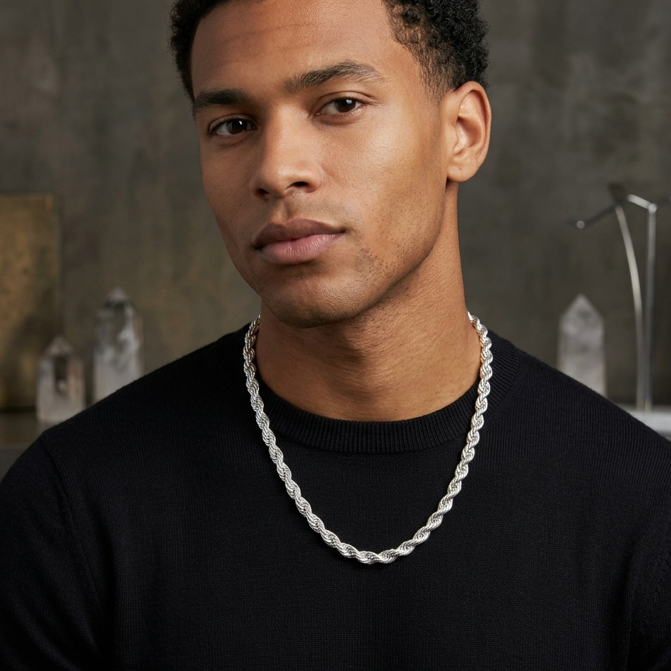 Heavy Shiny Sterling Silver Traditional Rope Link Necklace - Italy