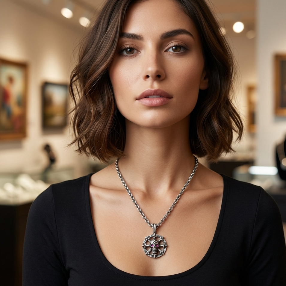 Sterling Silver Dagger Ship Wheel Skull Necklace