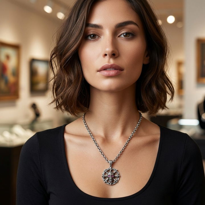 Sterling Silver Dagger Ship Wheel Skull Necklace