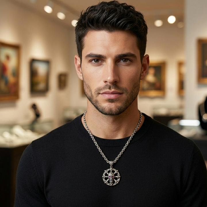 Sterling Silver Dagger Ship Wheel Skull Necklace