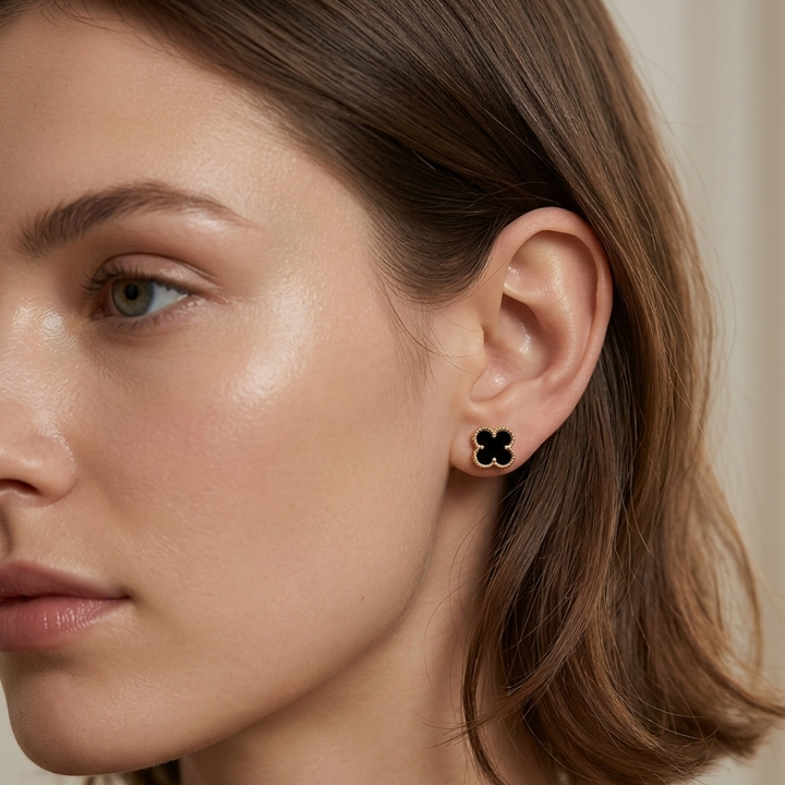 18K Gold w Black Enamel Van Cleef & Arpels Style Stud Earrings
