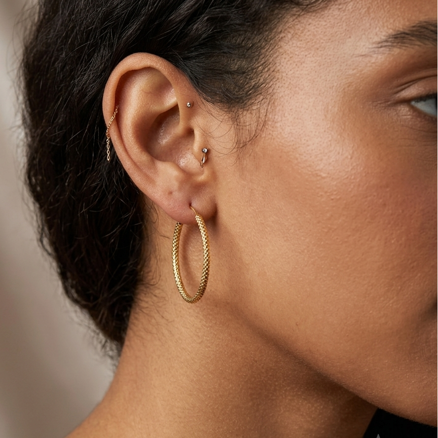 22K Gold Textured Medium Hoop Earrings