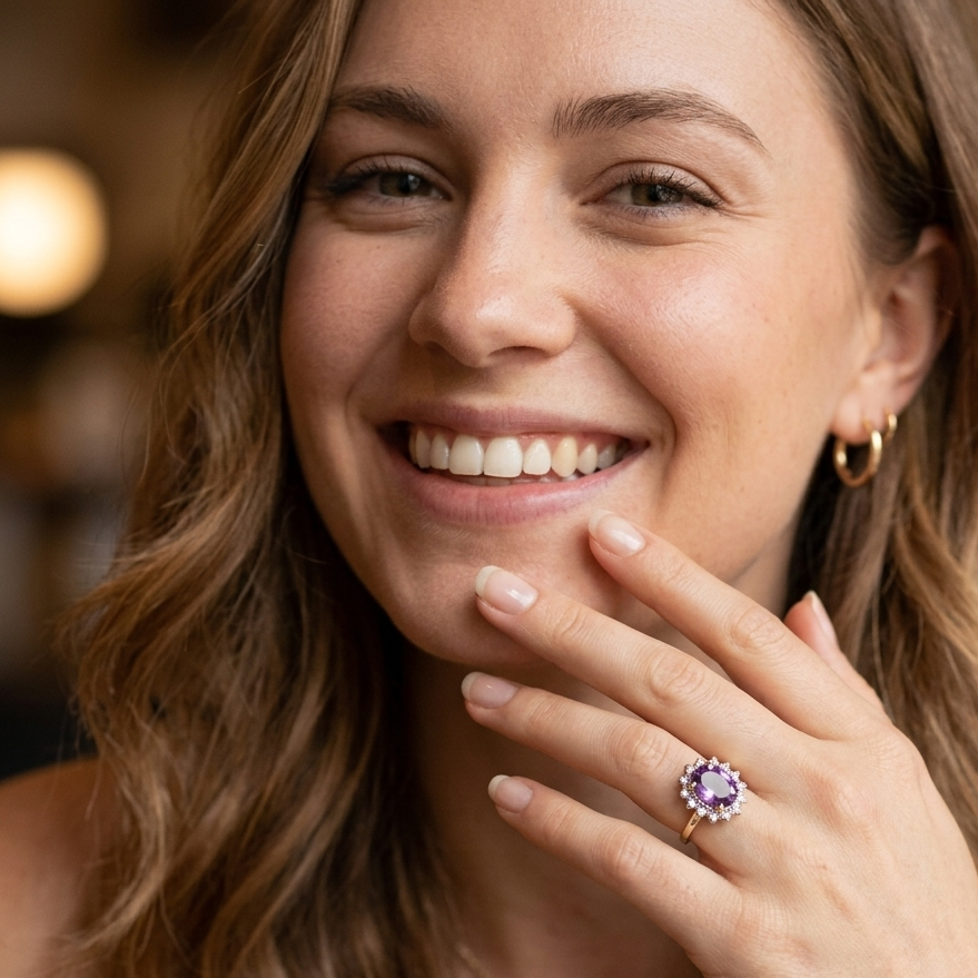 14k Gold, Amethyst & Diamond Elegant Statement Ring