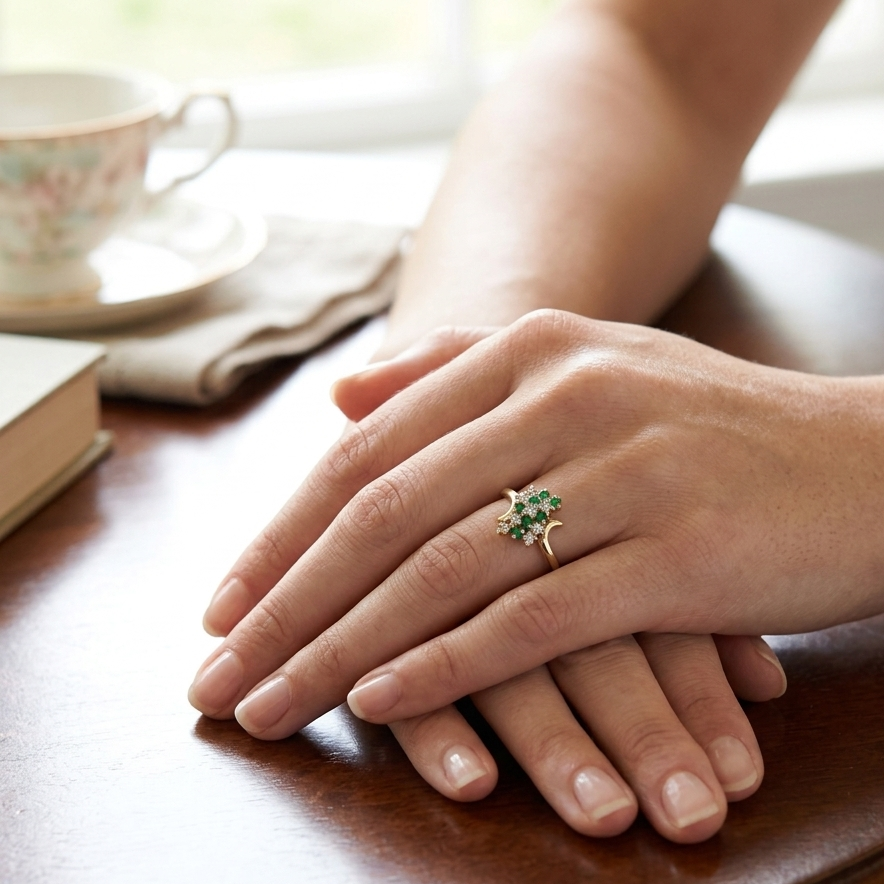 14K Gold, Emerald & Diamond Elegant Cluster Ring