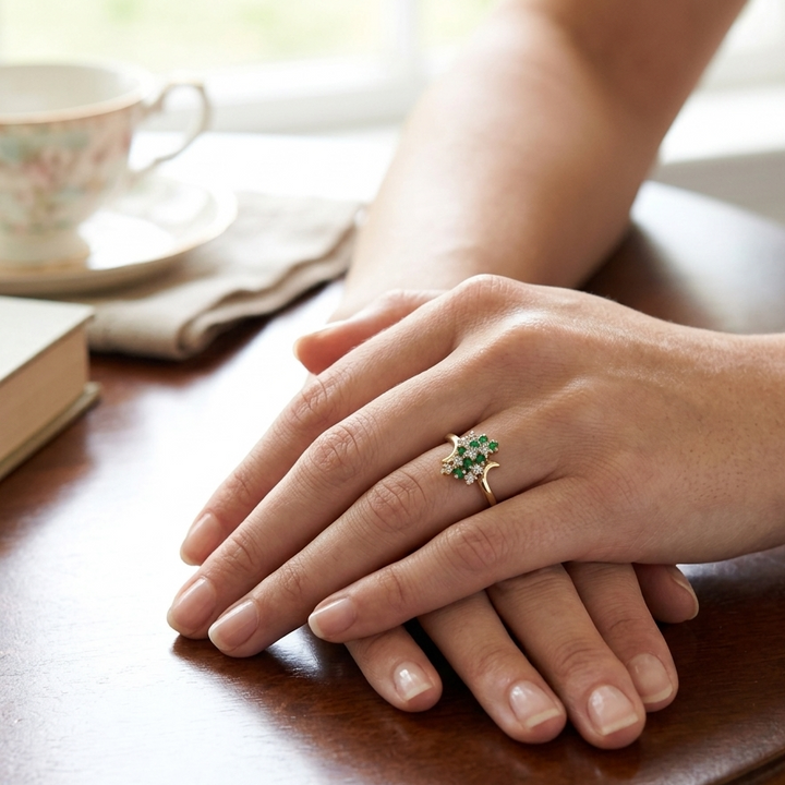 14K Gold, Emerald & Diamond Elegant Cluster Ring
