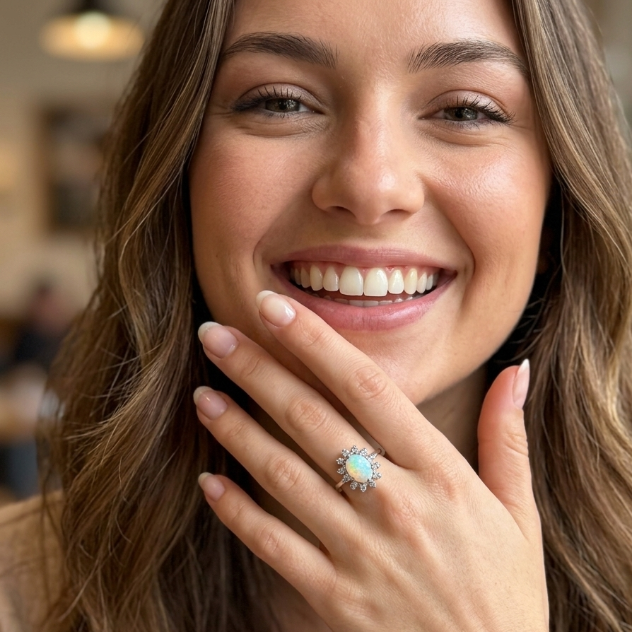 14K Gold, Opal & Diamond Halo Elegant Ring