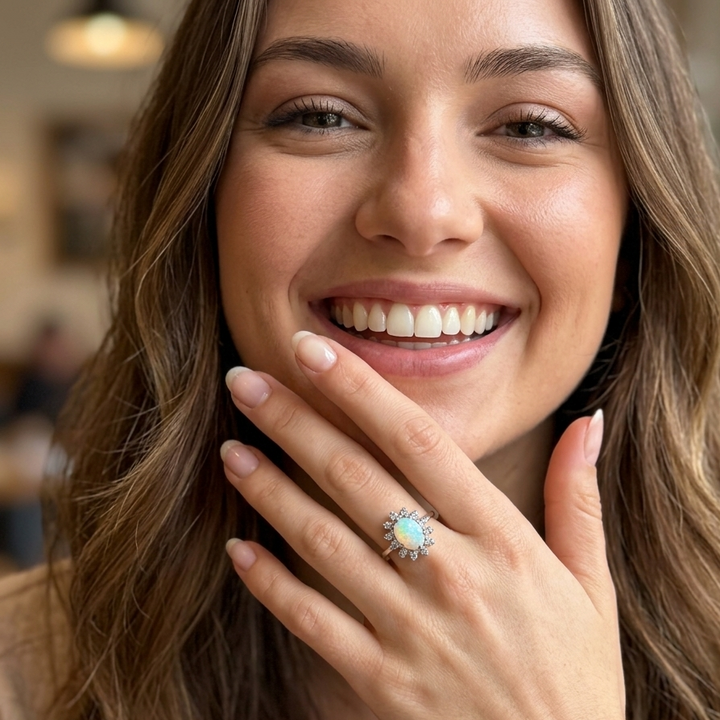 14K Gold, Opal & Diamond Halo Elegant Ring