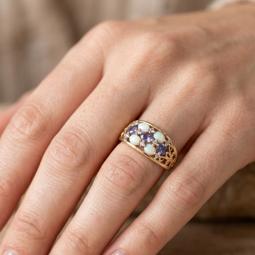 10K Gold, Tanzanite, Opal & Diamond filigree Floral Cluster Ring