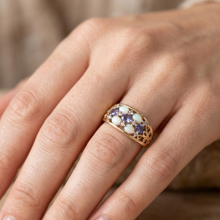 10K Gold, Tanzanite, Opal & Diamond filigree Floral Cluster Ring