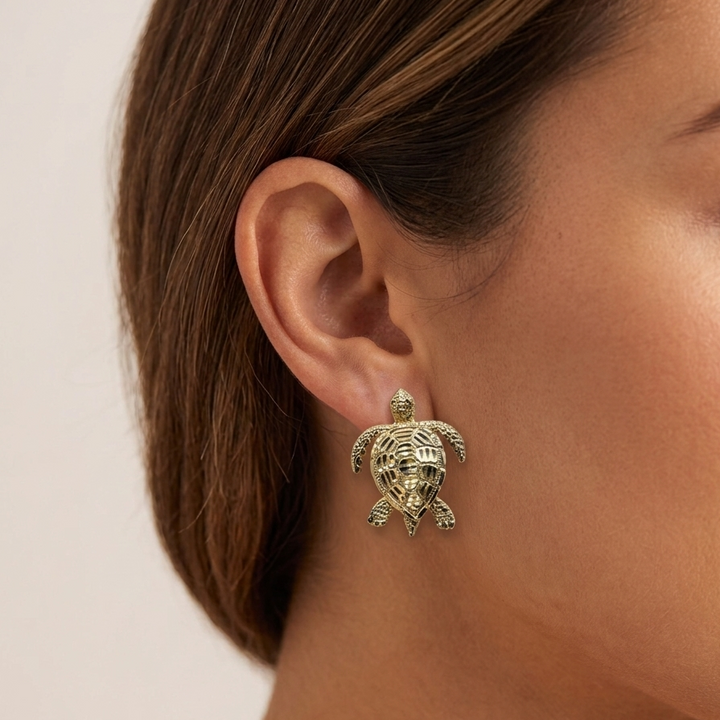 14K Gold Articulating Sea Turtle Hanging Stud Earrings