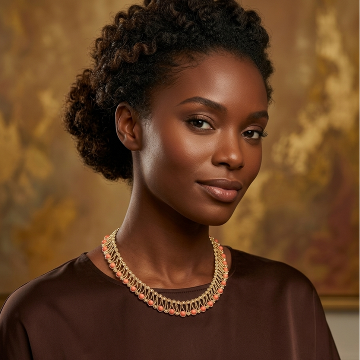 18K Gold and Coral Bead Ethnic African Bib Necklace