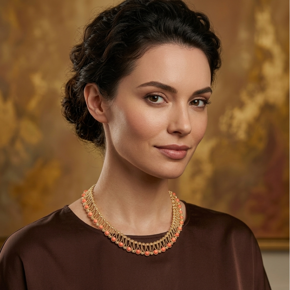 18K Gold and Coral Bead Ethnic African Bib Necklace