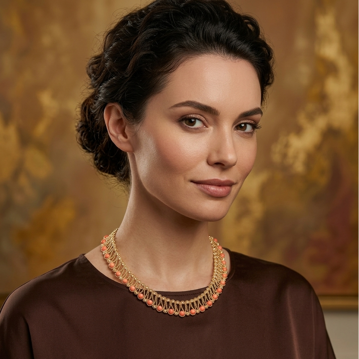18K Gold and Coral Bead Ethnic African Bib Necklace