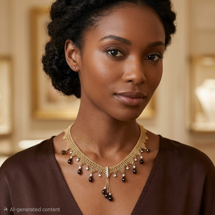 18K Gold, Smokey Topaz & Diamond Ethnic African Chandelier Necklace