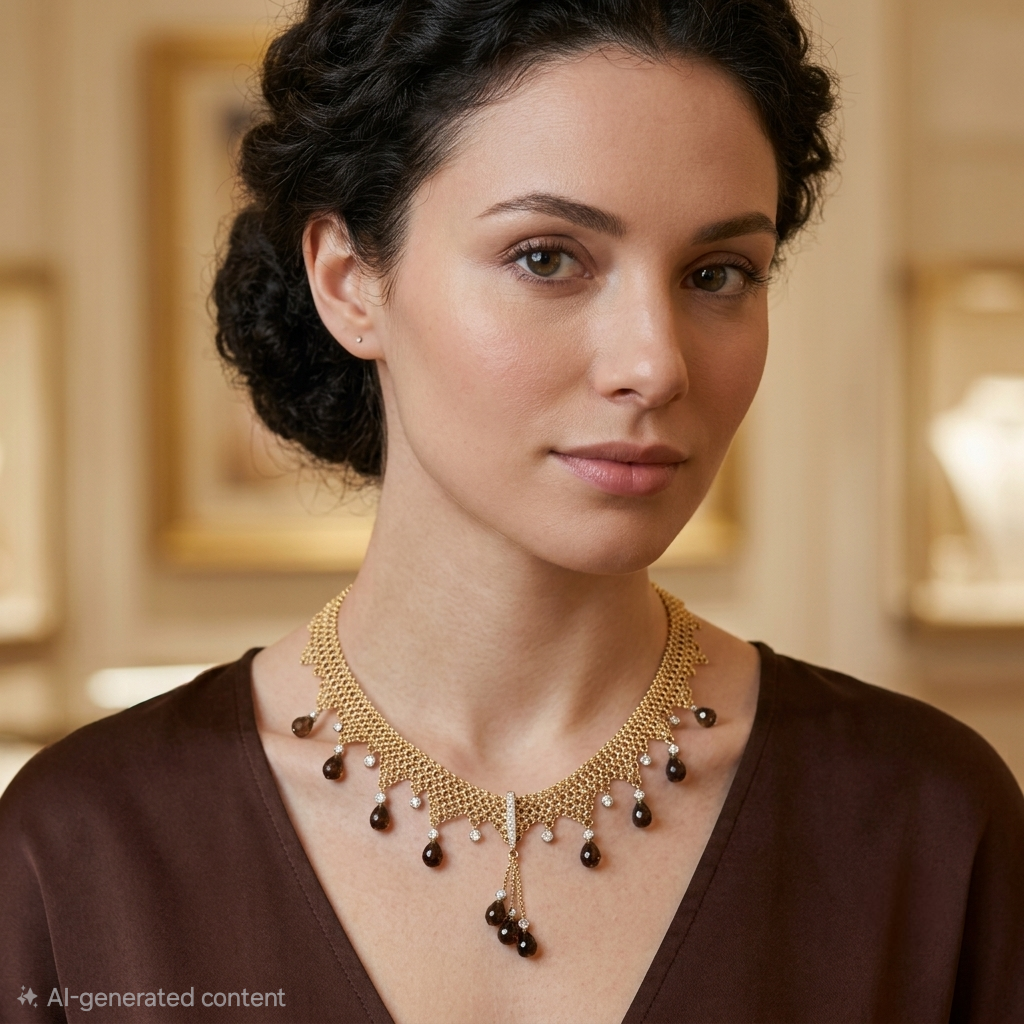 18K Gold, Smokey Topaz & Diamond Ethnic African Chandelier Necklace