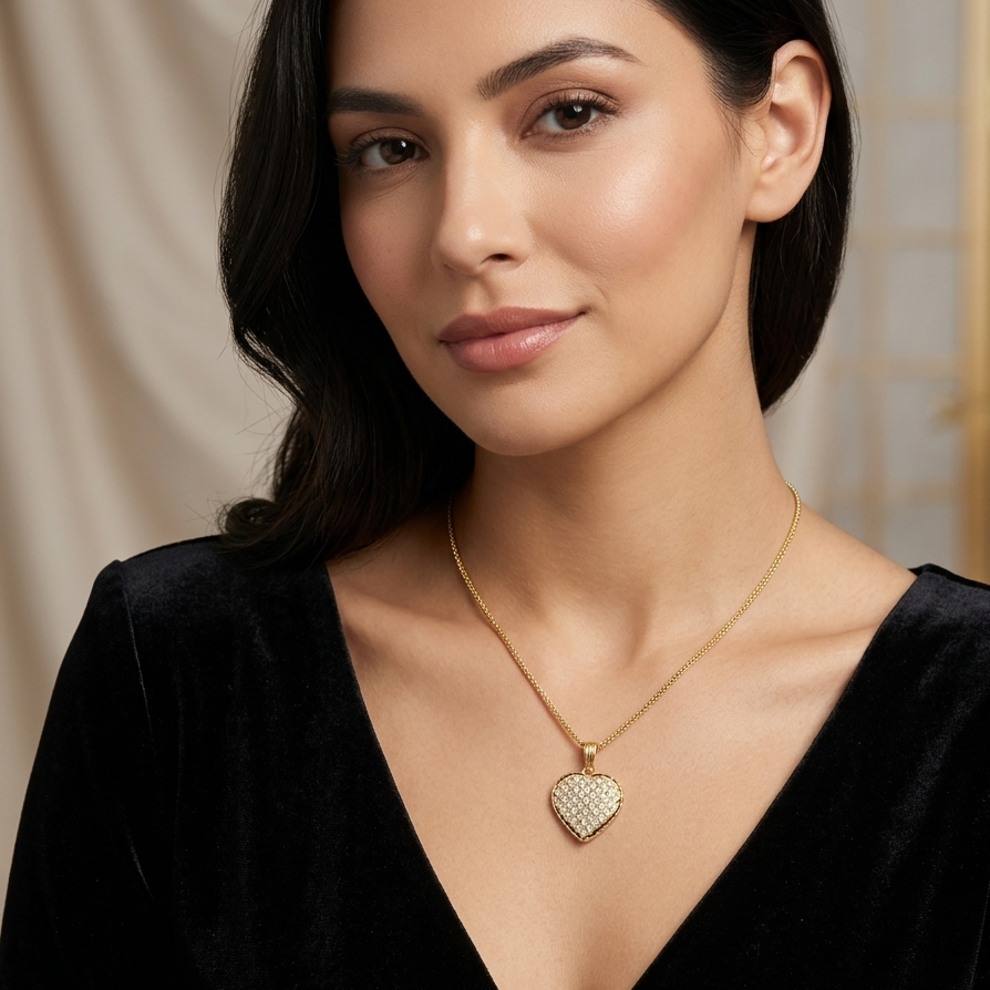 18K Yellow Gold, Diamond Encrusted Heart Necklace