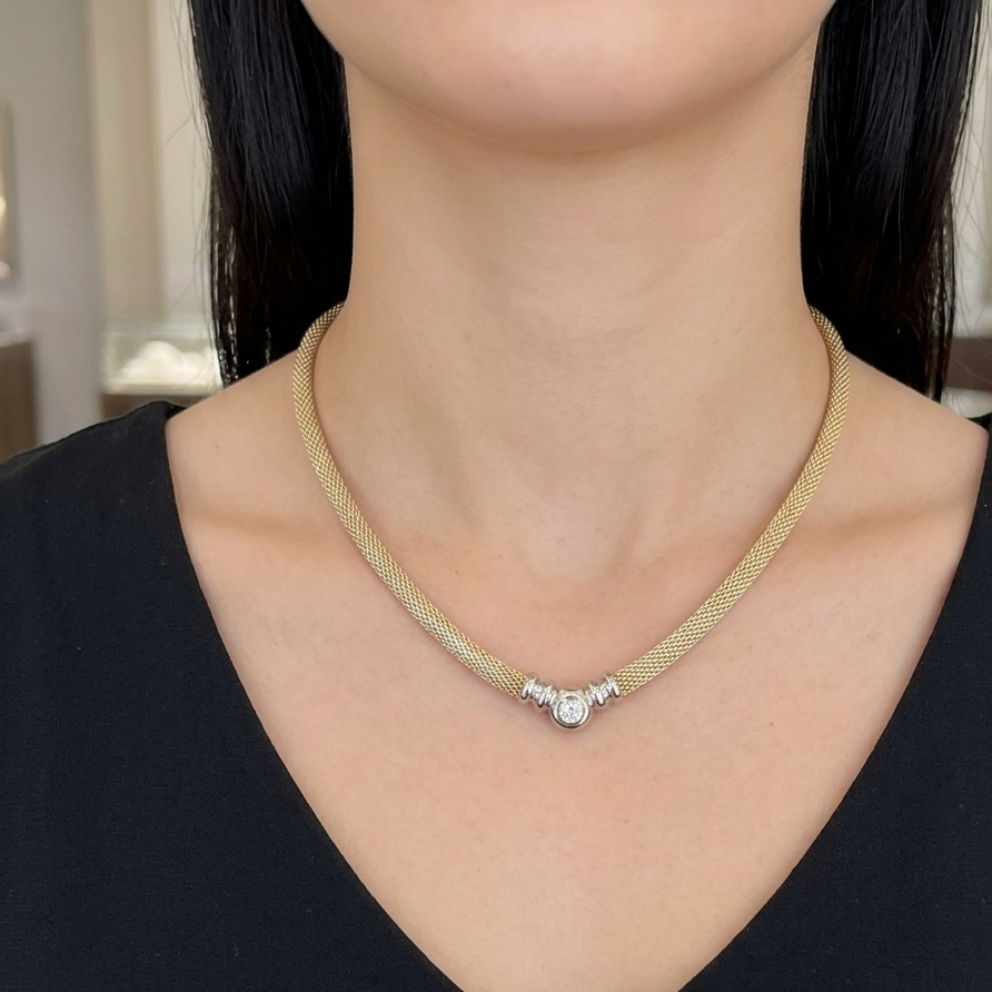 14K White & Yellow Gold and Diamond Mesh Collar Necklace