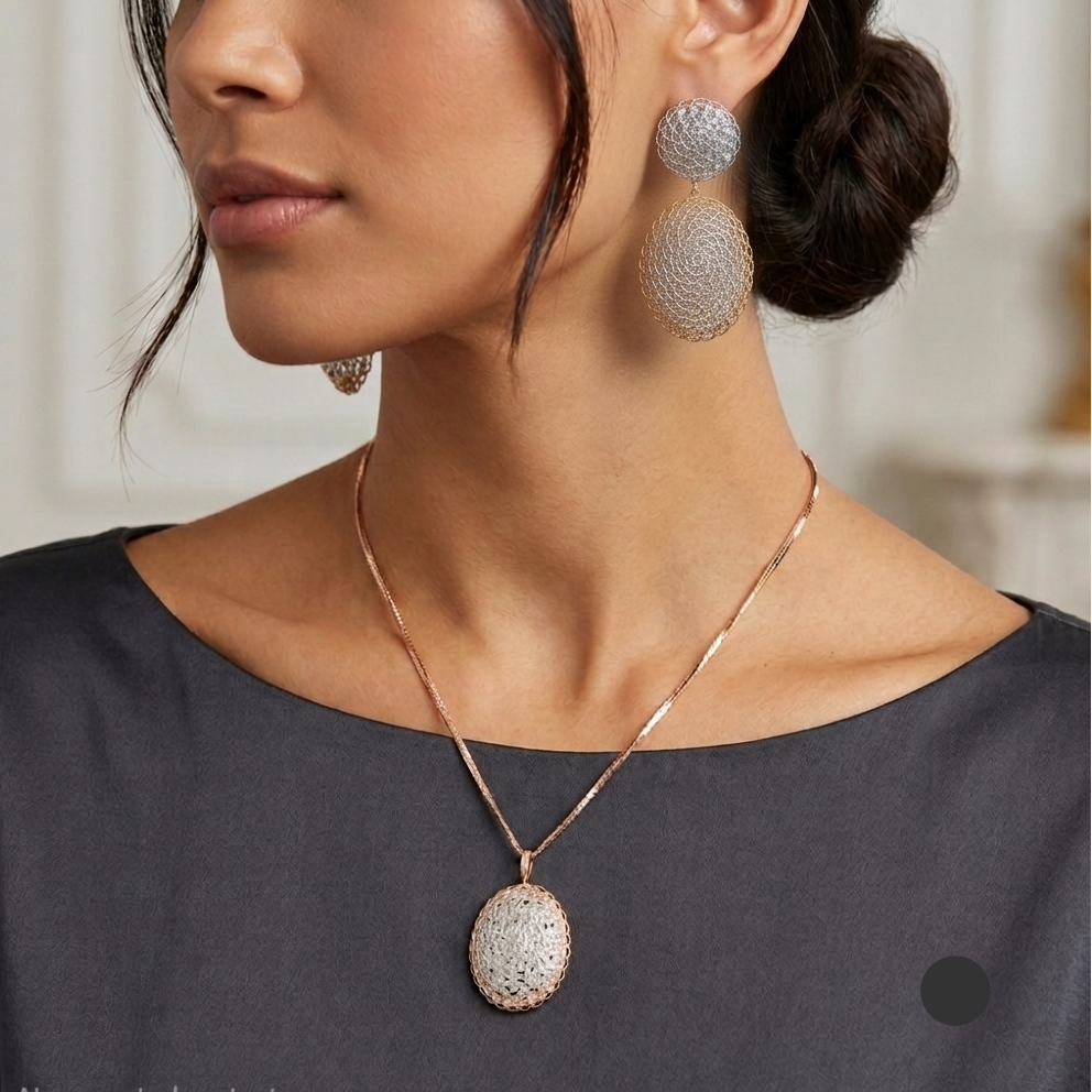 18K 2-Tone Gold African Ethnic Woven Filigree Earrings & Necklace Set