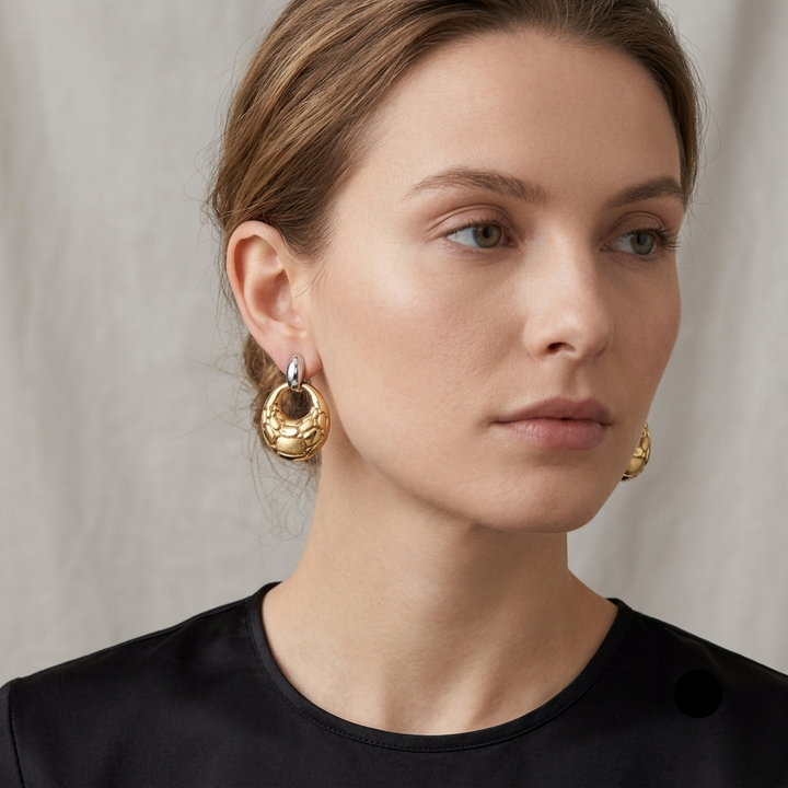 18K 2-Tone Gold Sculptural Form Dangle Earrings