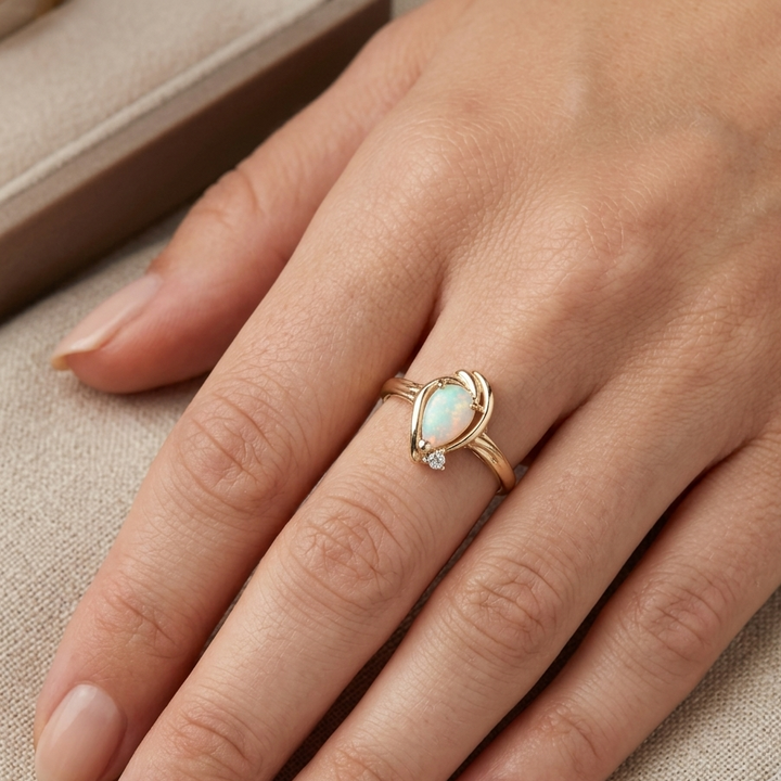 14K Gold, Tear Drop Opal & Diamond Halo Elegant Ring
