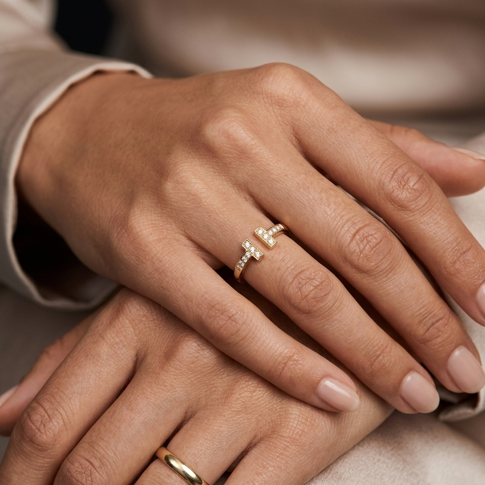Authentic Tiffany & Co 18K Gold & Diamond T Ring
