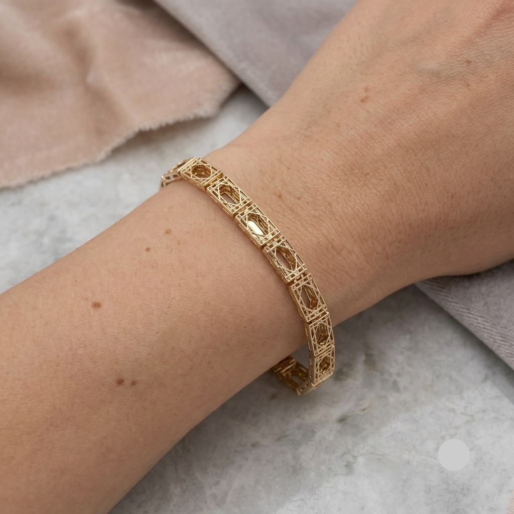 14K Gold Intricate Open Work Box Link Filigree Framed Bracelet