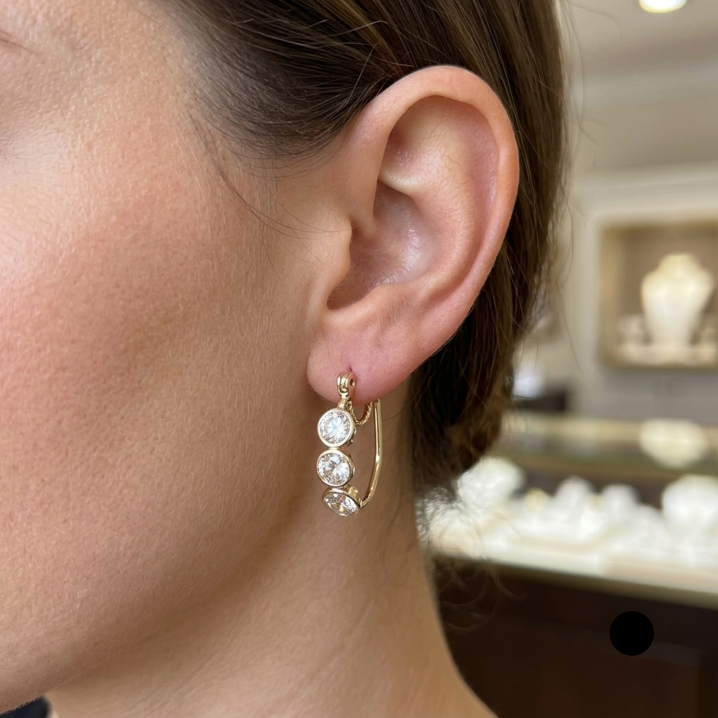 14K Gold & Triple Simulant Diamond Wire Dangle Earrings