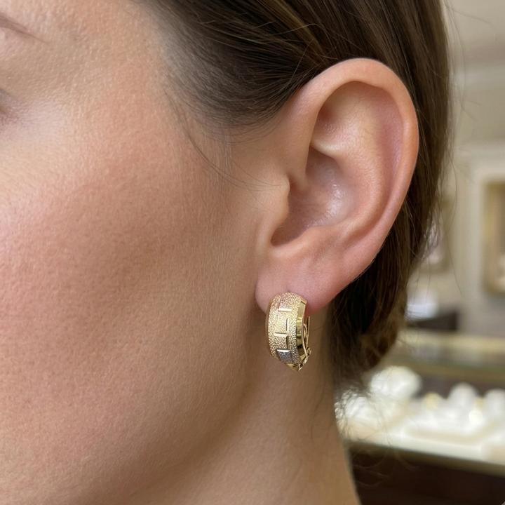 14K Tri-Color Gold Textured & Grooved Huggy Earrings