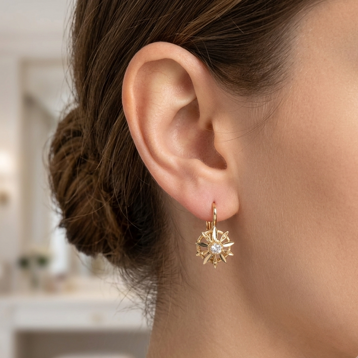 18k Gold & Diamond Radiant Flower Dangle Earrings