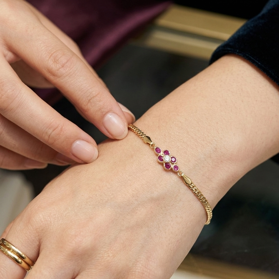 18K Gold, Ruby & Diamond Abstract Station Bracelet