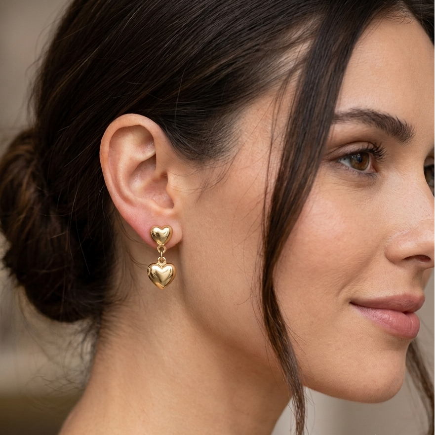18K Yellow Gold Stud and Dangle 2 Hearts Earrings