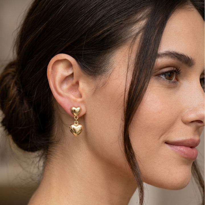 18K Yellow Gold Stud and Dangle 2 Hearts Earrings