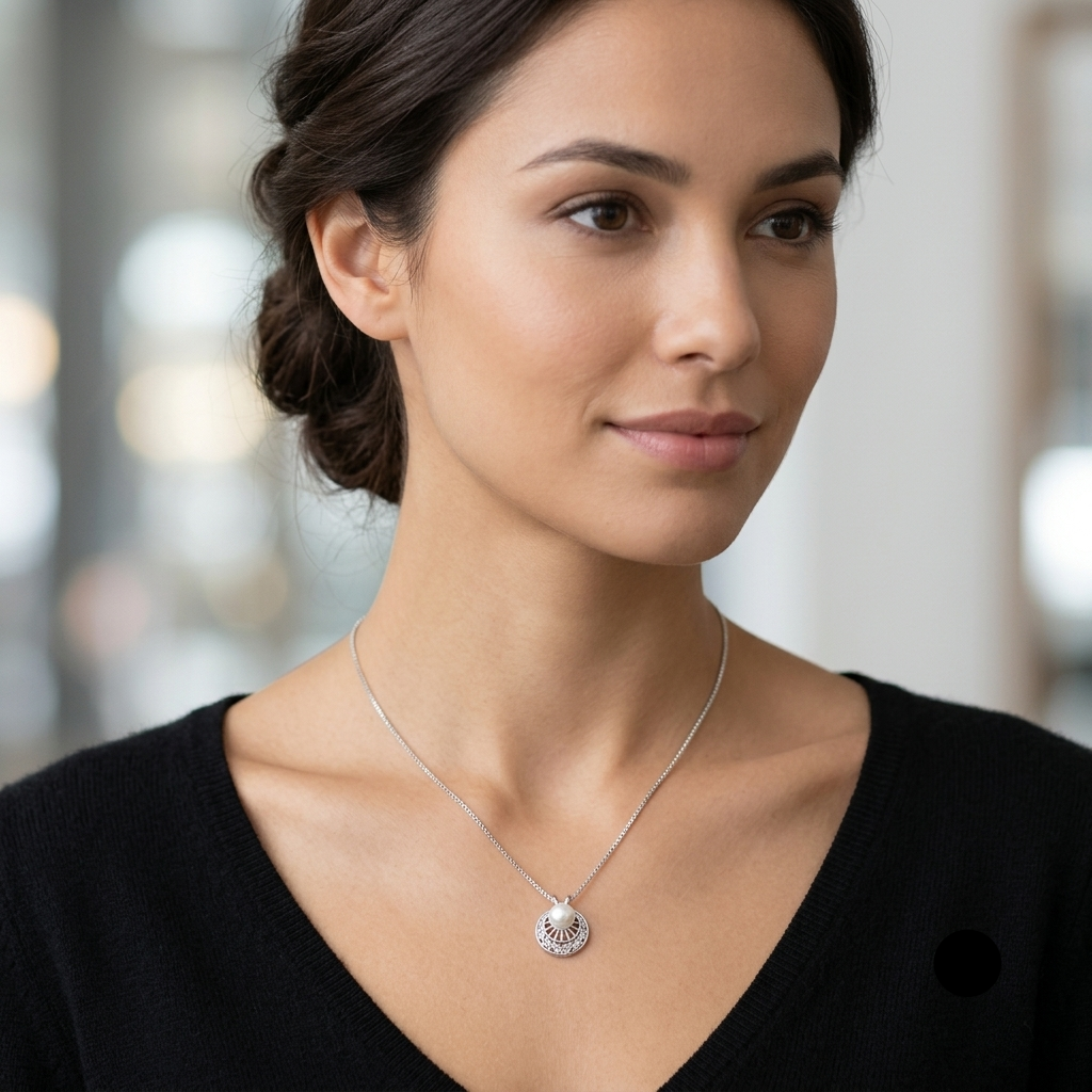 Elegant 14K Gold, Pearl & Diamond Round Radiant Pendant Necklace
