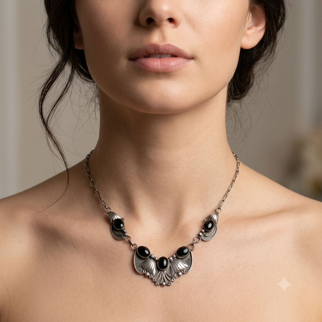 Sterling Silver & Cabochon Onyx Feather Pendant Necklace